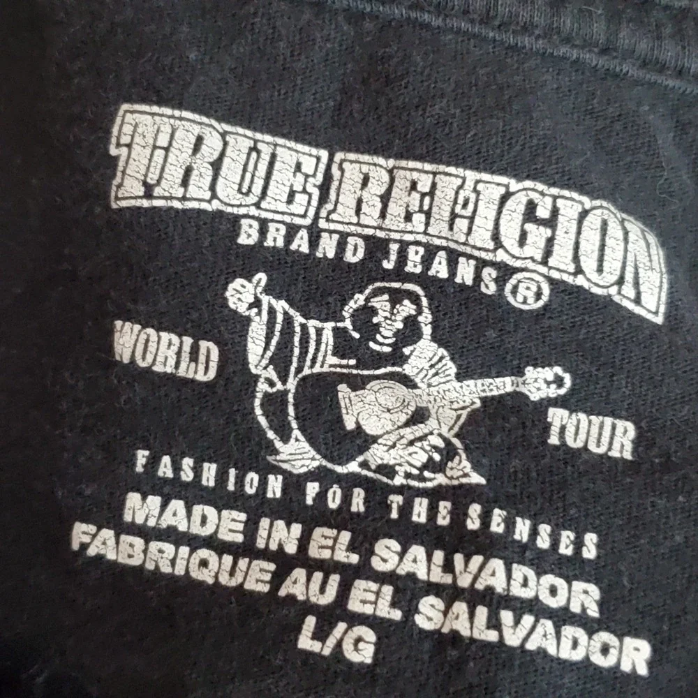 True Religion Men Shirt L/G Black Graphic Buddha Guitar Grunge Logo Short Sleeve